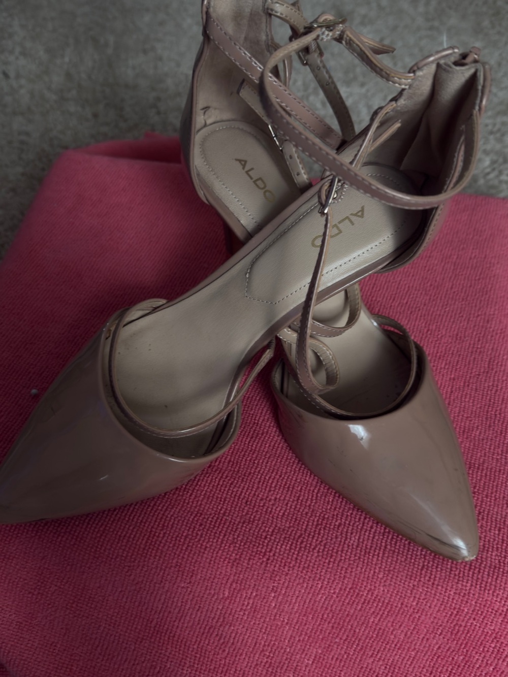 ALDO Patent Pointed Toe Ankle Strap Pumps in Taupe